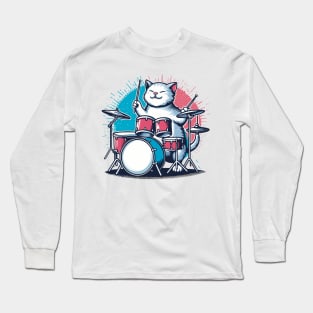 Drummer Cat Music Lover Musician Playing The Drums Long Sleeve T-Shirt